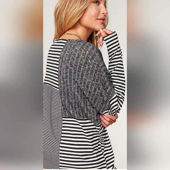 Plus Black & Ivory Rib Stripe Waffle Patchwork Color Block Top - Picture 3 of 4